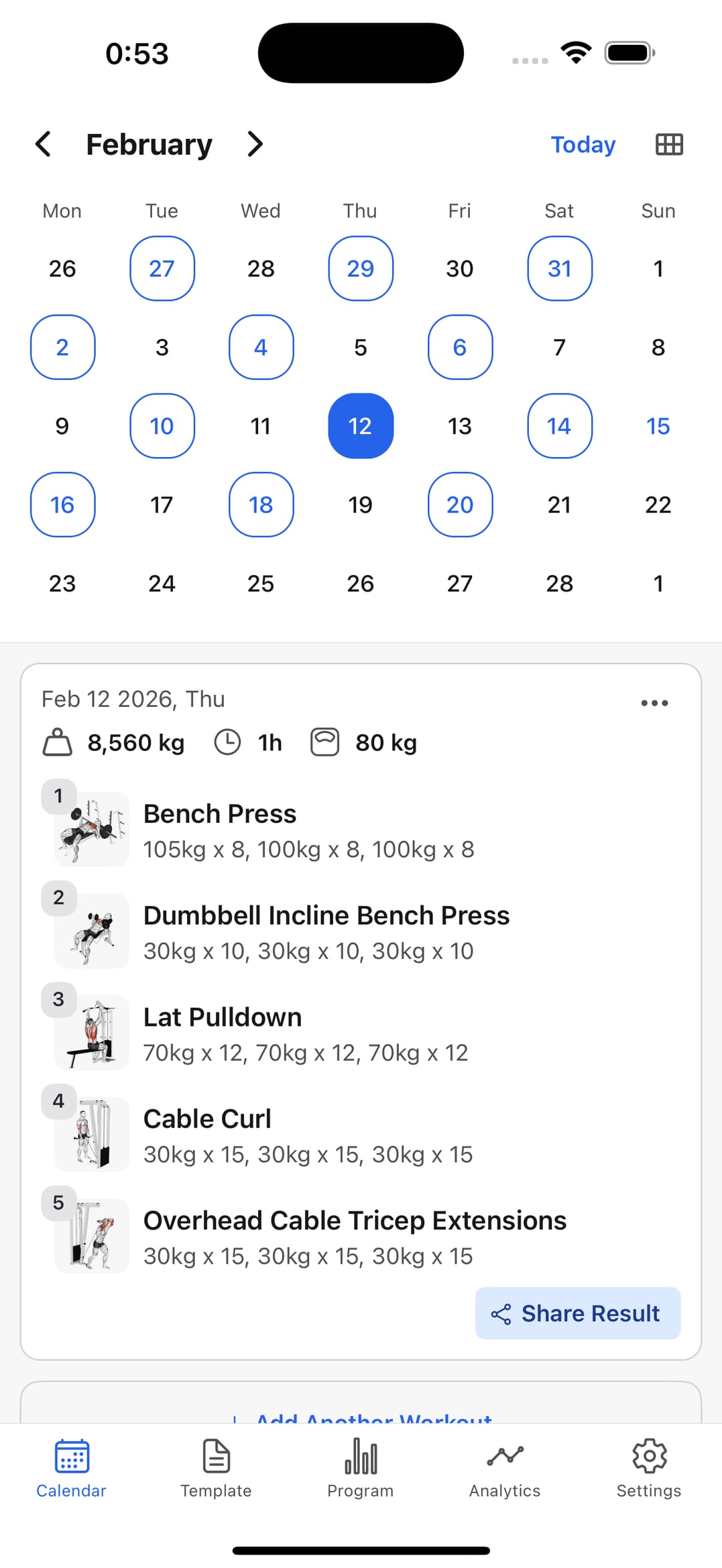 Workout calendar screen