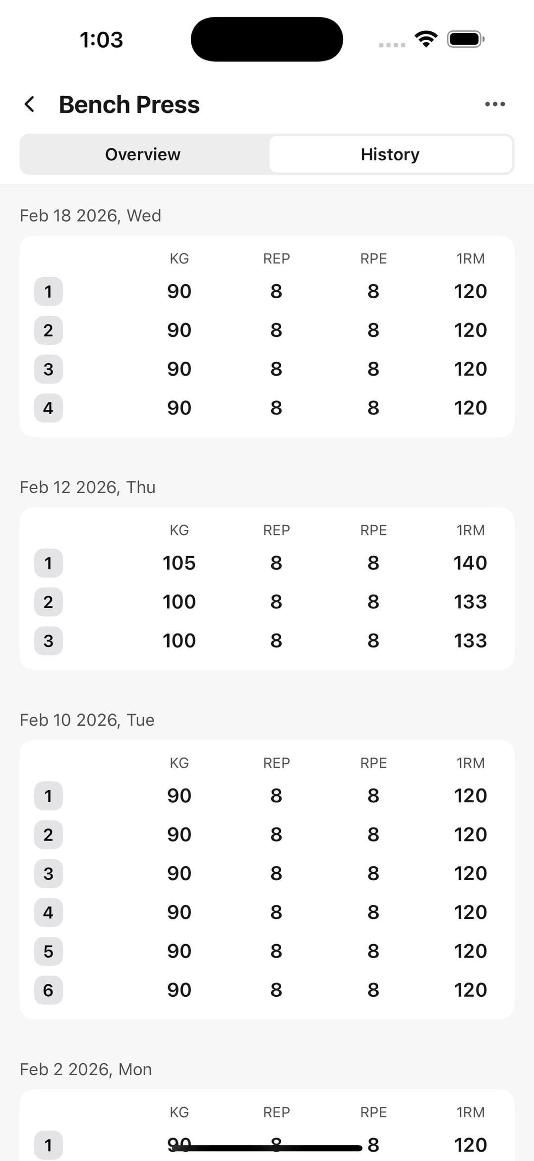 Exercise history screen