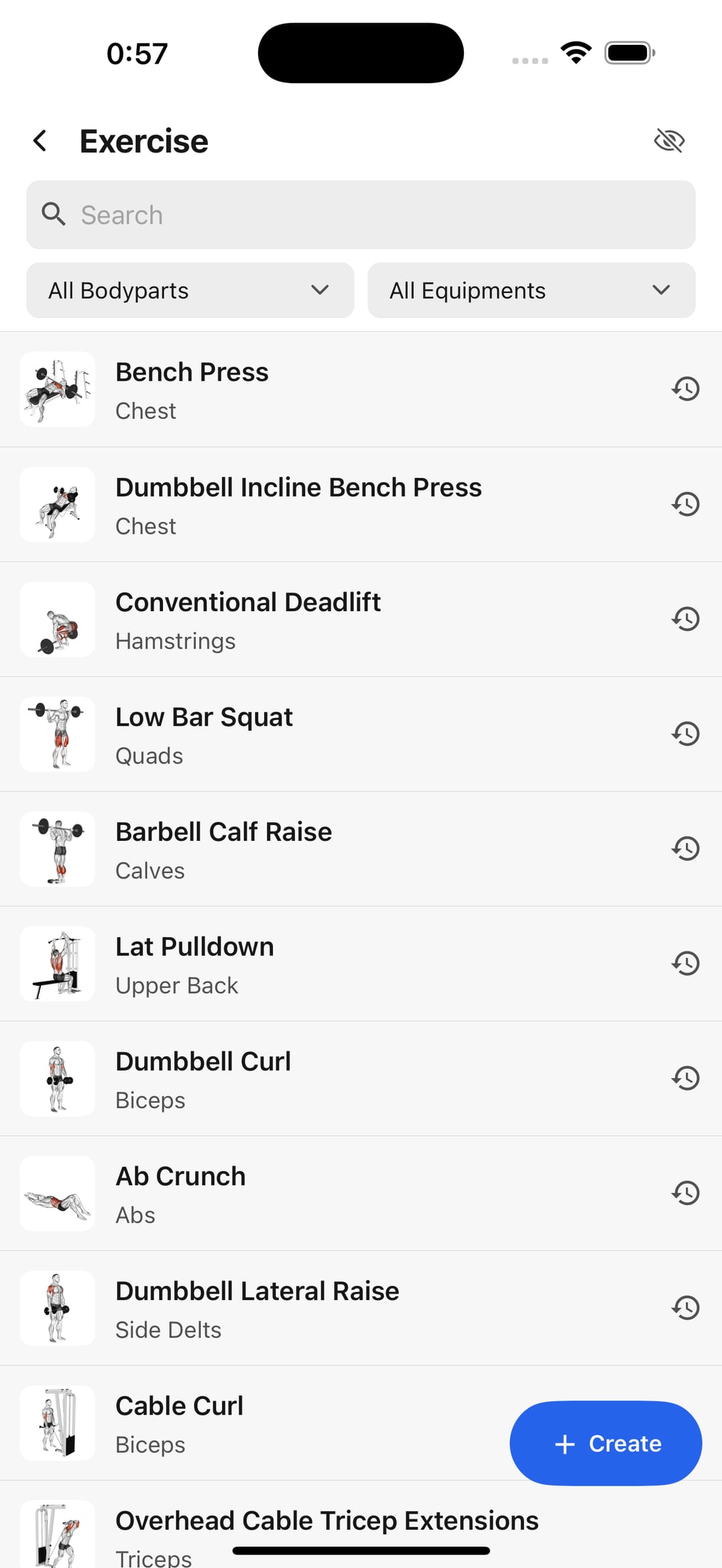 Exercise list screen