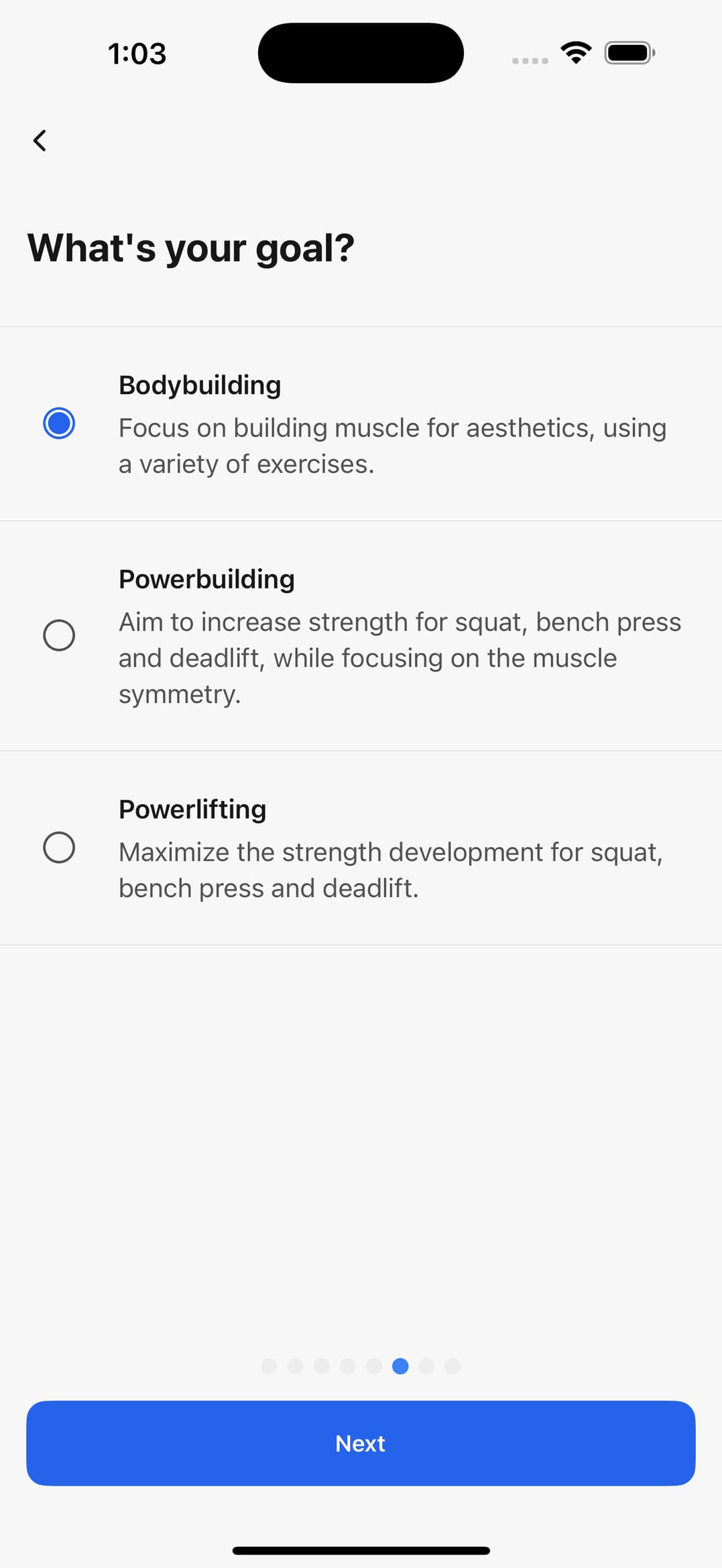 Program goal selection screen