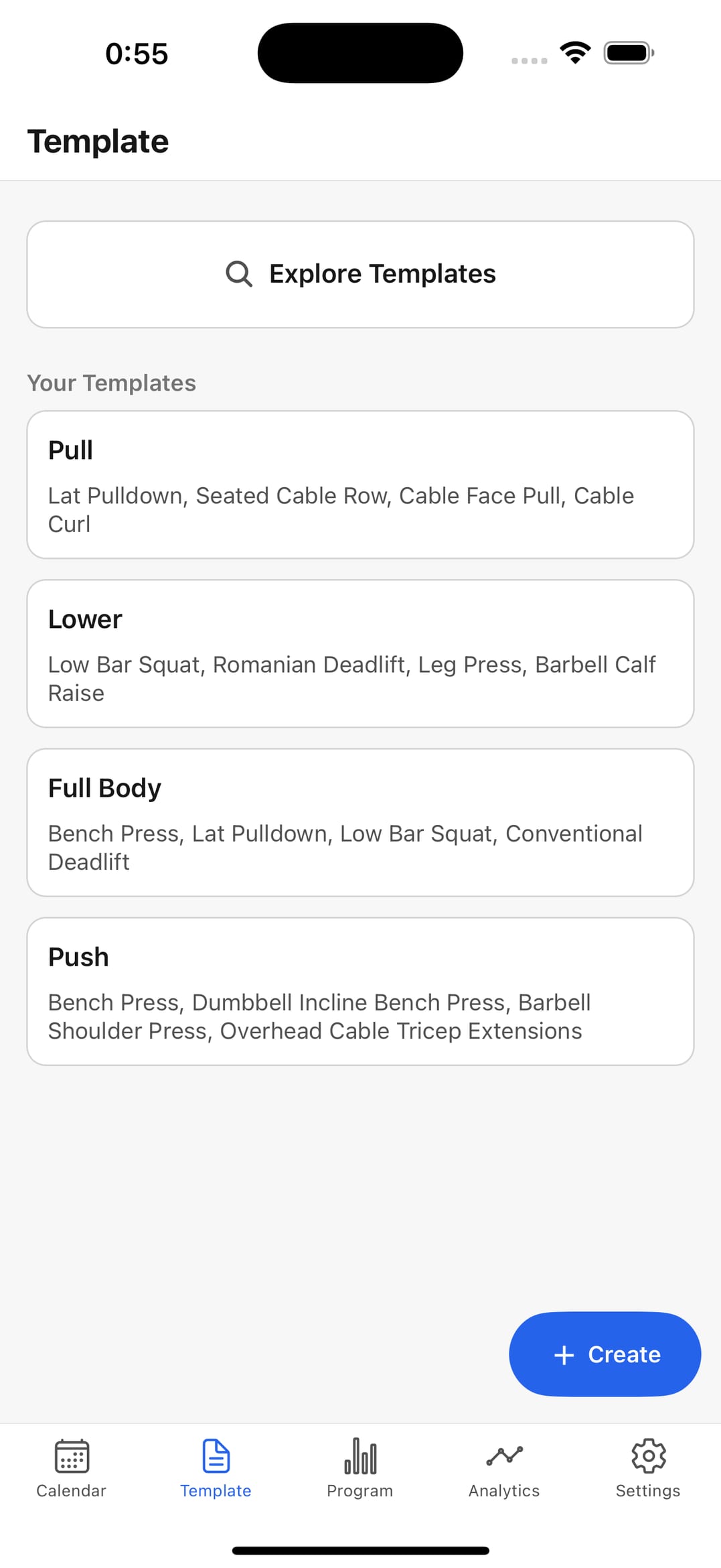 Template list screen